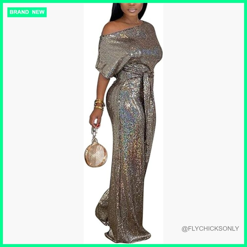 Off Shoulder Sequin Jumpsuit Tummy Control Wide Leg Formal Outfit